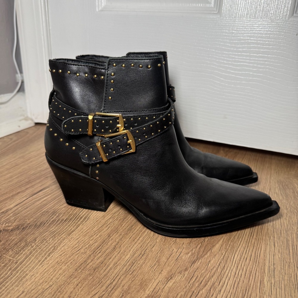 Dolce Vita Black Leather Ankle Boots with Gold Buckles & Studs